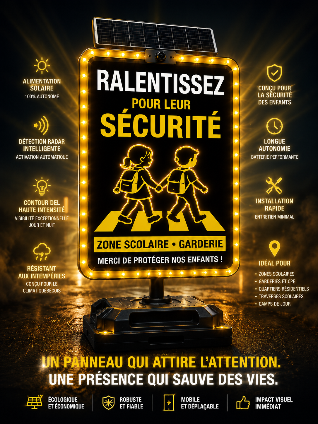 Panneau DEL zone scolaire Trafic-Sécur